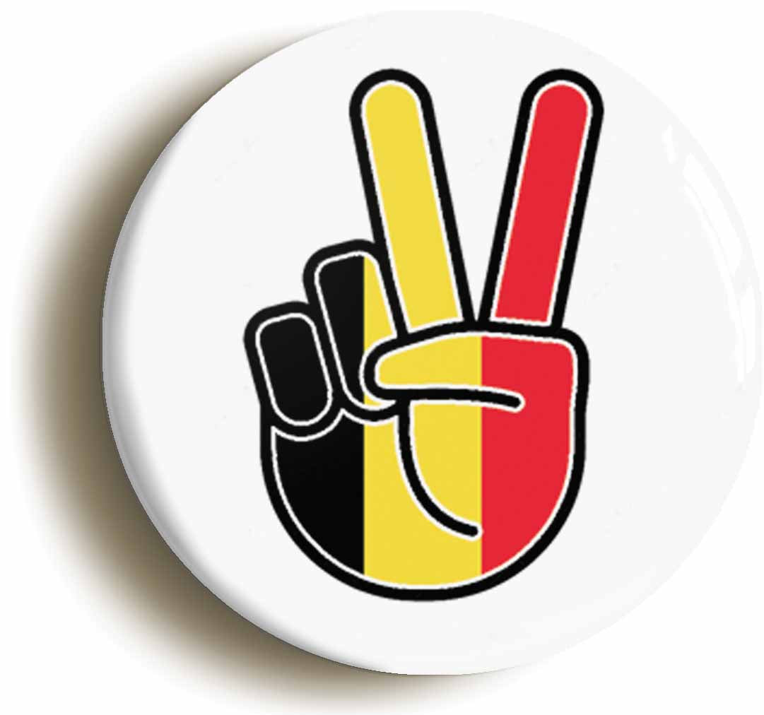 A picture of the front of the product, titled Belgium Belgian National Flag Peace Sign V Button Pin Badge