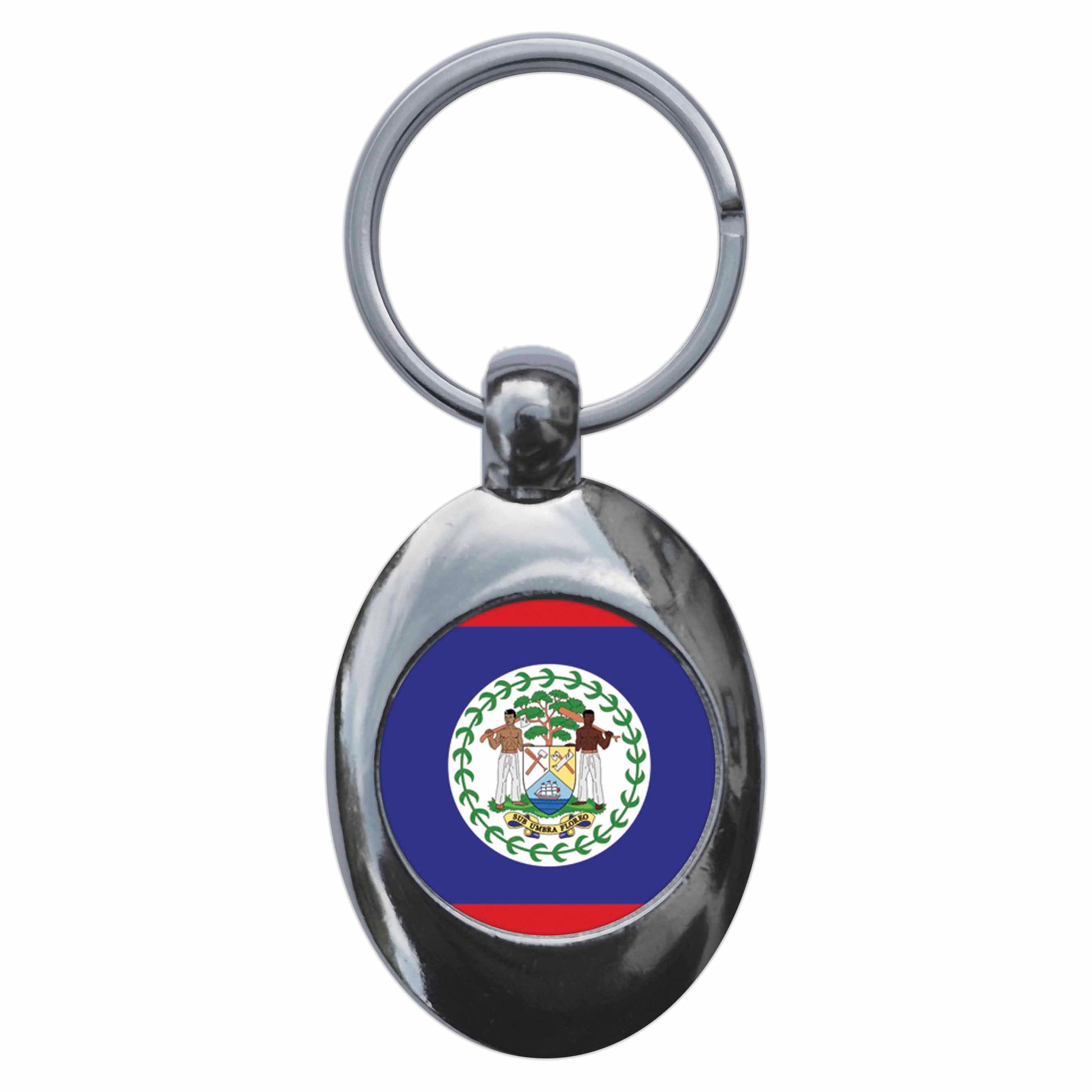 A picture of the front of the product, titled Belize Belizean National Flag Metal Keyring With Trolley Coin
