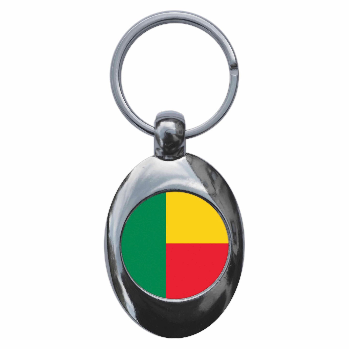 A picture of the front of the product, titled Benin Beninese National Flag Metal Keyring With Trolley Coin