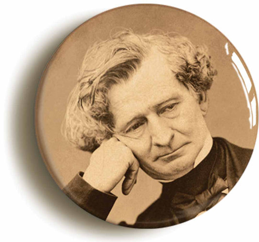 A picture of the front of the product, titled Louis-Hector Berlioz Romantic Classical Music Button Pin Badge