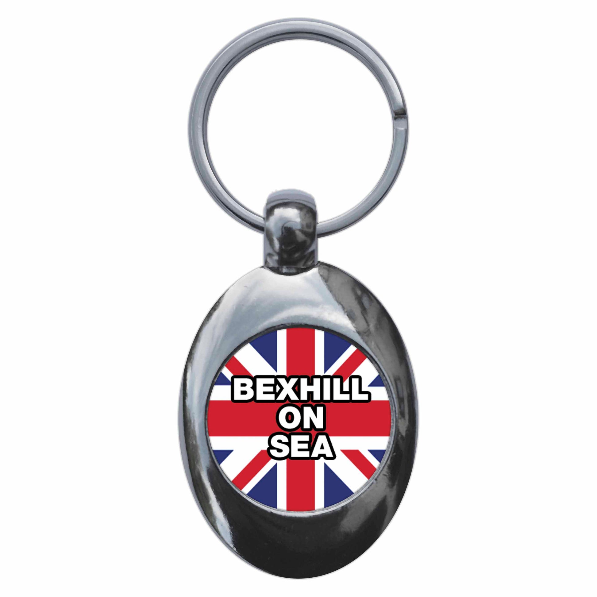 A picture of the front of the product, titled Bexhill-On-Sea Union Jack Metal Keyring With Trolley Coin