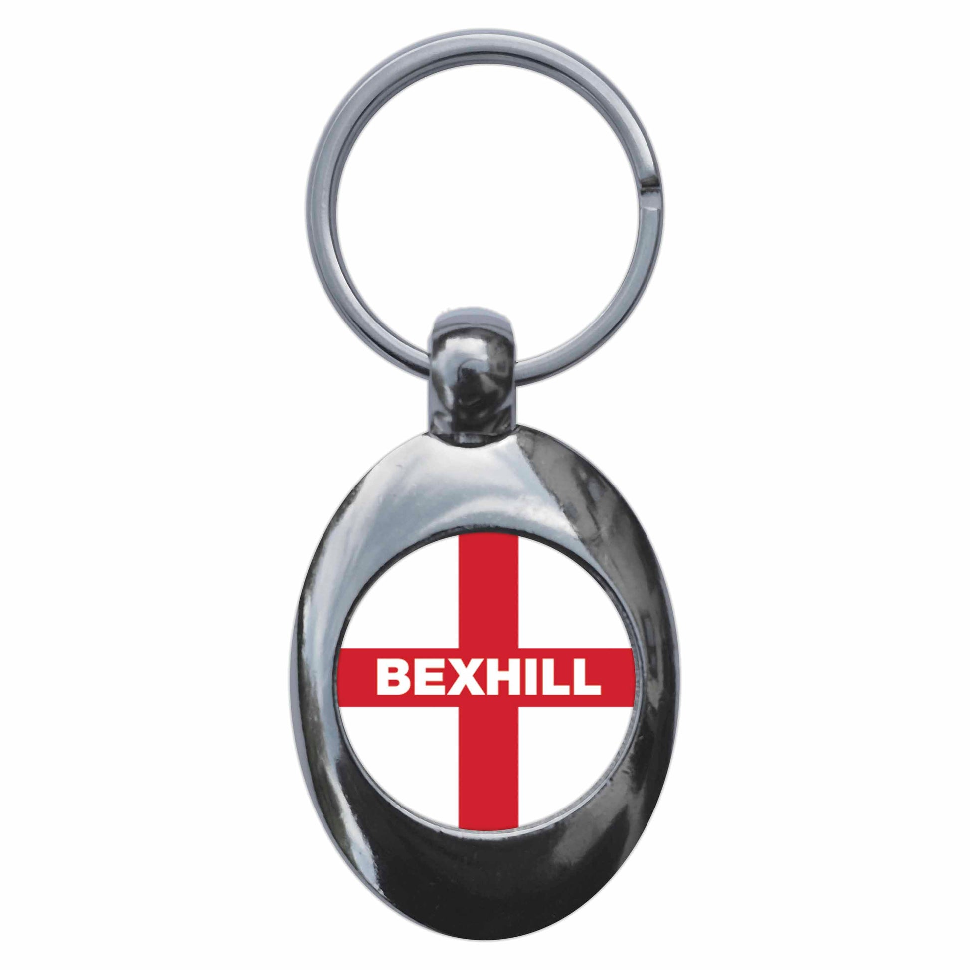 A picture of the front of the product, titled Bexhill England Flag Metal Keyring With Trolley Coin