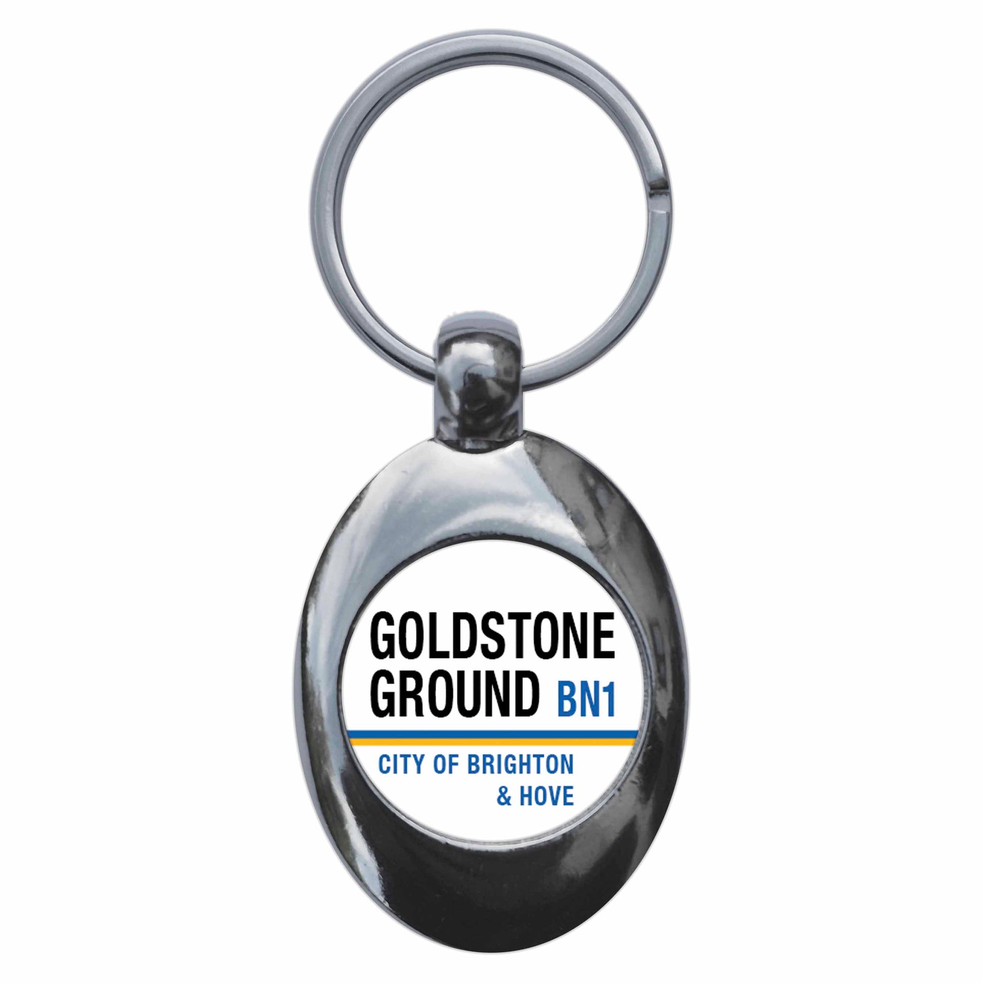 A picture of the front of the product, titled Goldstone Ground BN3 Brighton And Hove Road Sign Metal Keyring With Trolley Coin