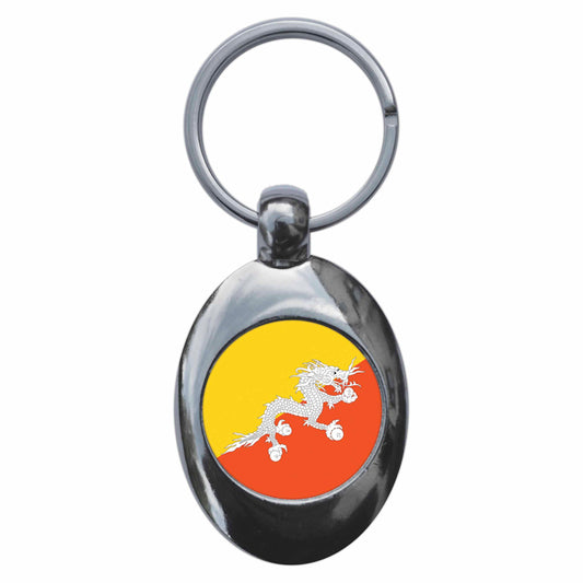 A picture of the front of the product, titled Bhutan Bhutanese National Flag Metal Keyring With Trolley Coin