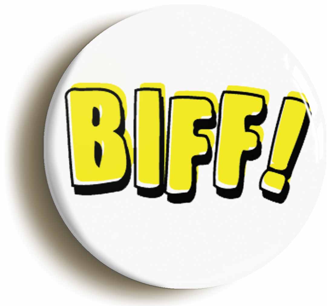 A picture of the front of the product, titled Biff! Comic Button Pin Badge