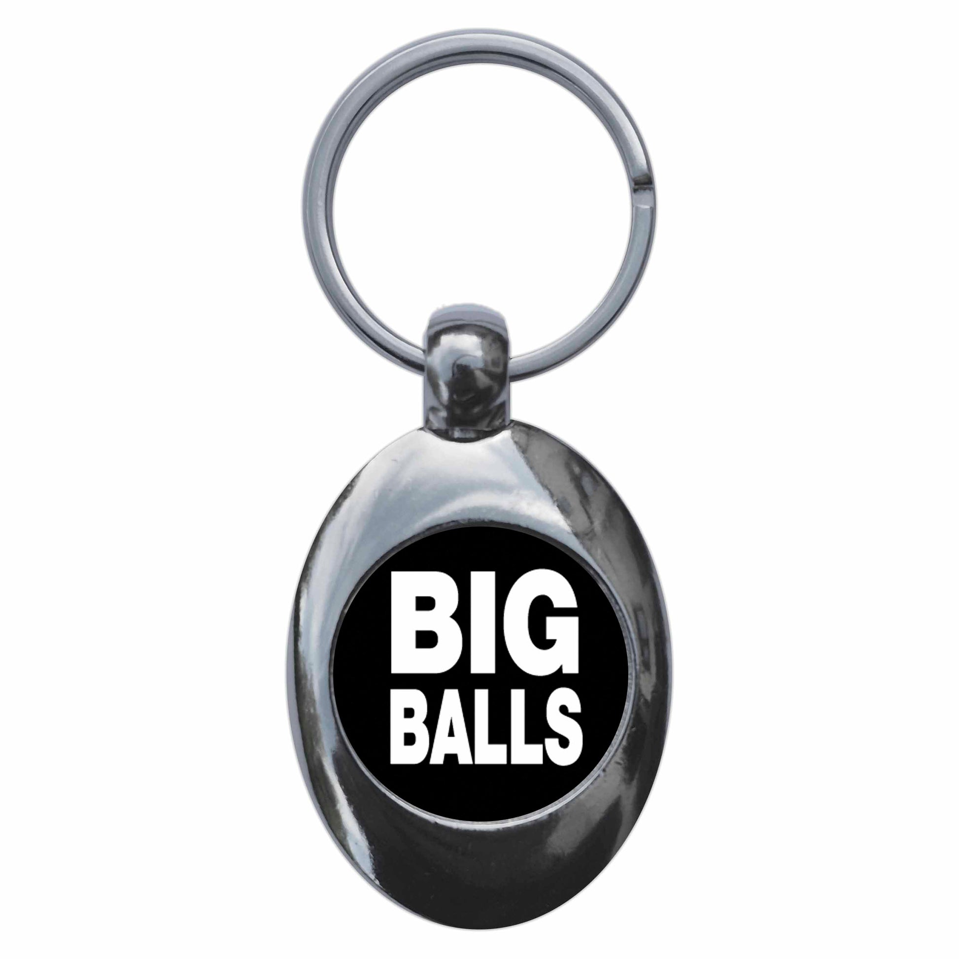 A picture of the front of the product, titled Big Balls Metal Keyring With Trolley Coin