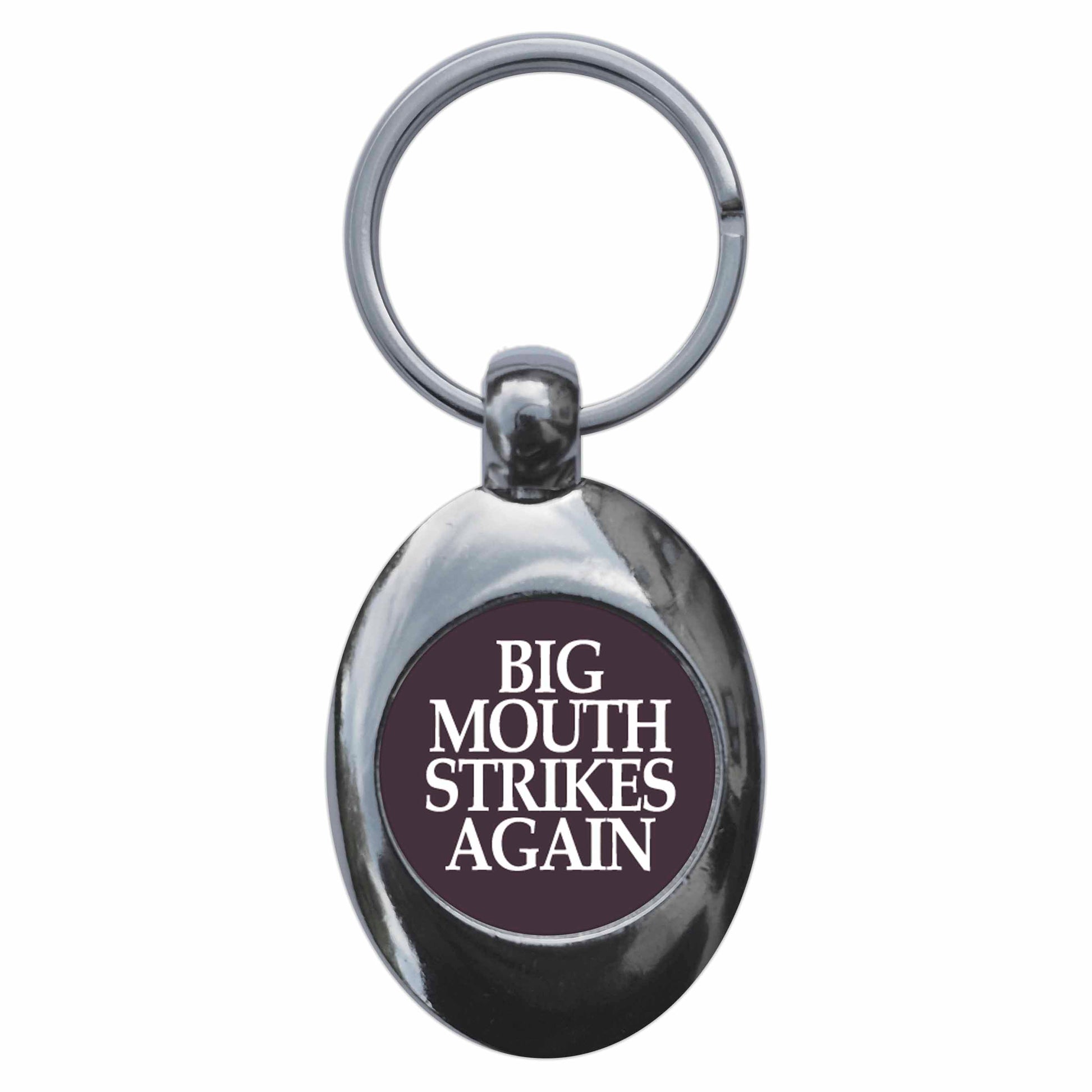 A picture of the front of the product, titled Big Mouth Strikes Again Metal Keyring With Trolley Coin