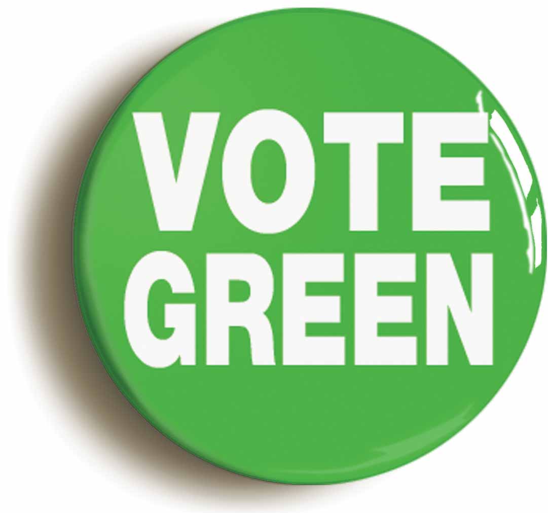 A picture of the front of the product, titled Vote Green Election Button Pin Badge