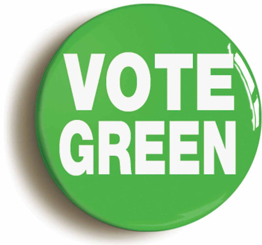A picture of the front of the product, titled Vote Green Election Button Pin Badge