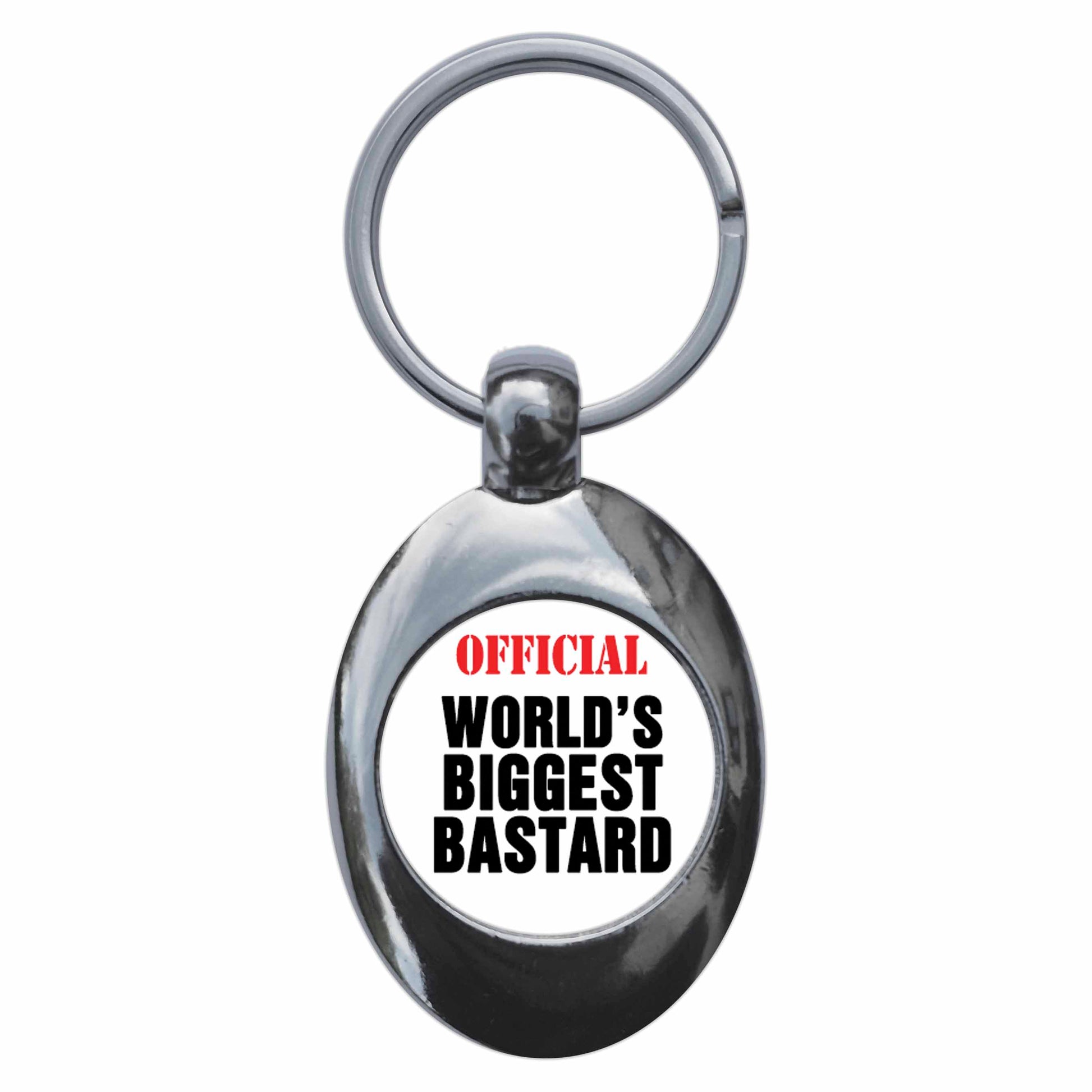 A picture of the front of the product, titled Official World's Biggest Bastard Metal Keyring With Trolley Coin