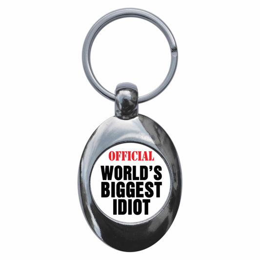 A picture of the front of the product, titled Official Worlds Biggest Idiot Metal Keyring With Trolley Coin