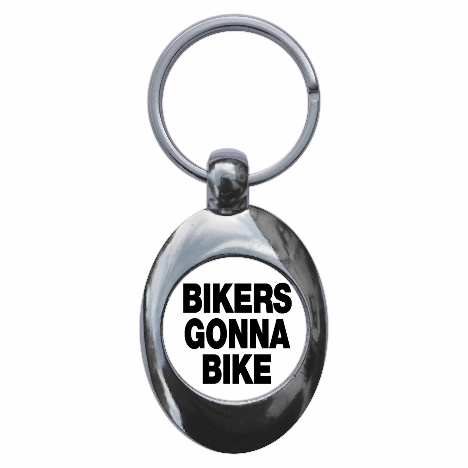 A picture of the front of the product, titled Bikers Gonna Bike Metal Keyring With Trolley Coin
