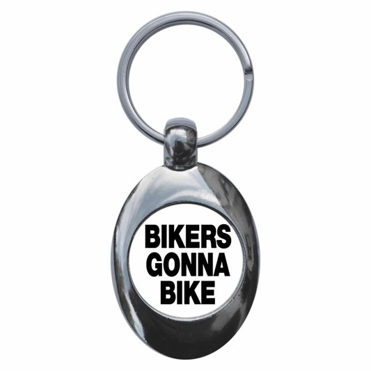 A picture of the front of the product, titled Bikers Gonna Bike Metal Keyring With Trolley Coin