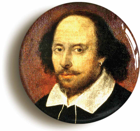 A picture of the front of the product, titled William Shakespeare Portrait Button Pin Badge