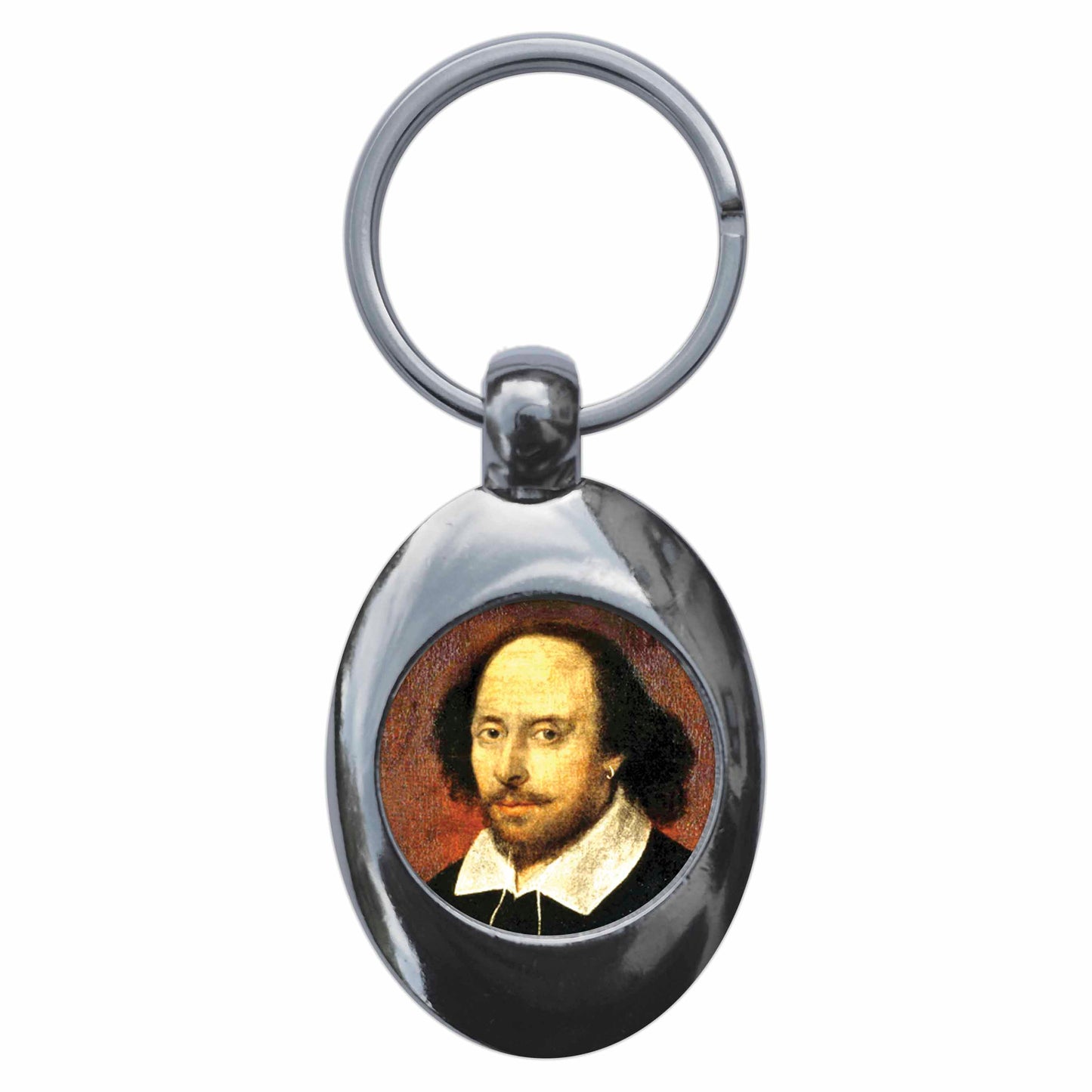 A picture of the front of the product, titled William Shakespeare Portrait Metal Keyring With Trolley Coin