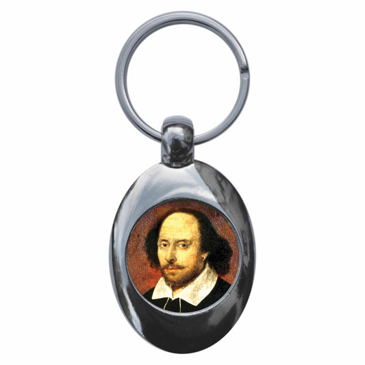A picture of the front of the product, titled William Shakespeare Portrait Metal Keyring With Trolley Coin