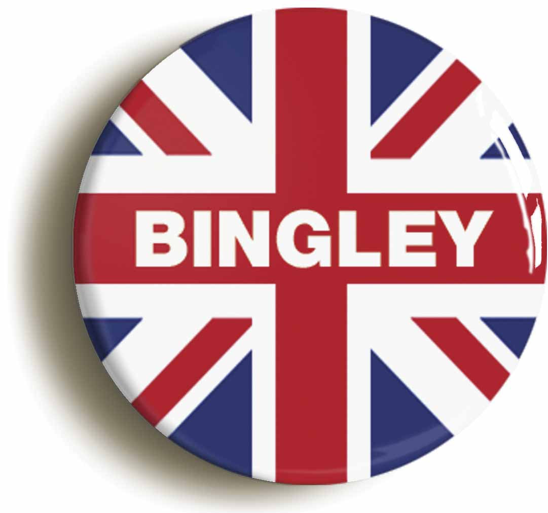 A picture of the front of the product, titled Bingley Union Jack Circular 50mm Fridge Magnet