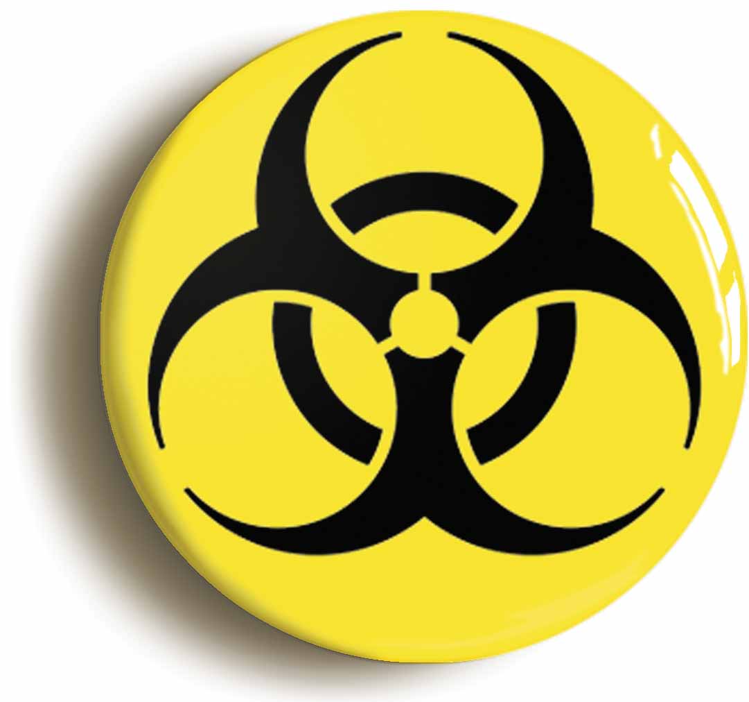 A picture of the front of the product, titled Biohazard Toxic Science Geek Nerd Costume Button Pin Badge