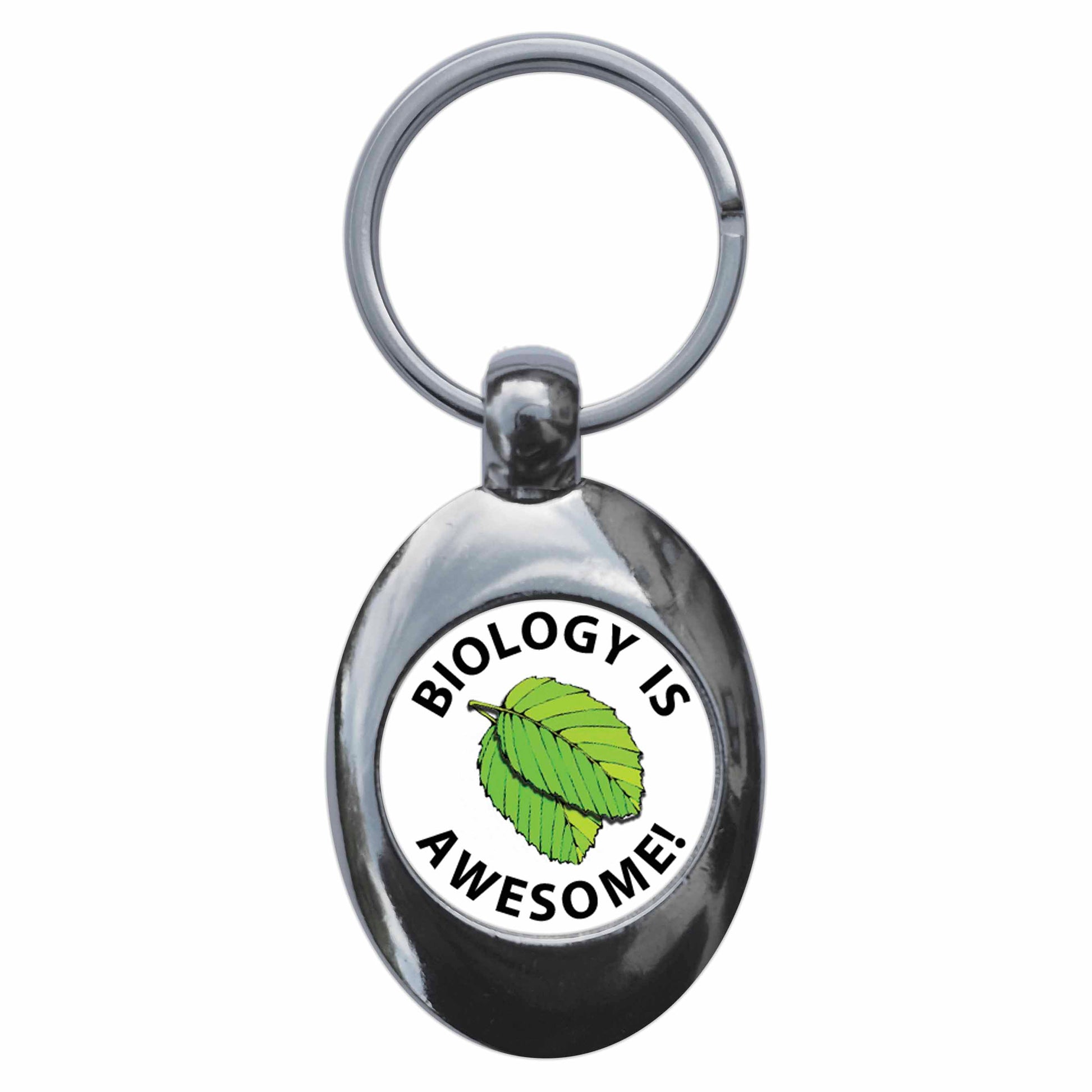 A picture of the front of the product, titled Biology Is Awesome Metal Keyring With Trolley Coin