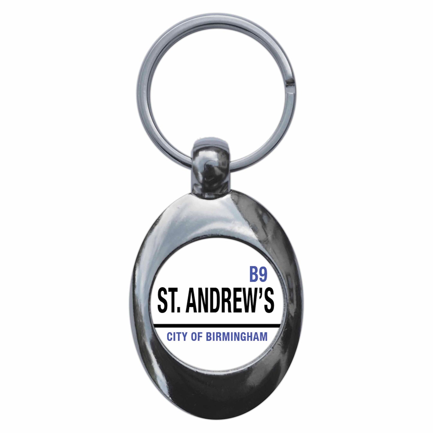 A picture of the front of the product, titled St Andrews B9 City Of Birmingham Road Sign Metal Keyring With Trolley Coin