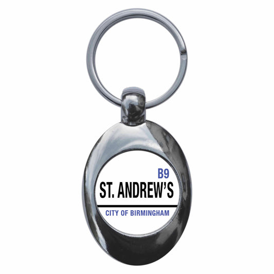 A picture of the front of the product, titled St Andrews B9 City Of Birmingham Road Sign Metal Keyring With Trolley Coin