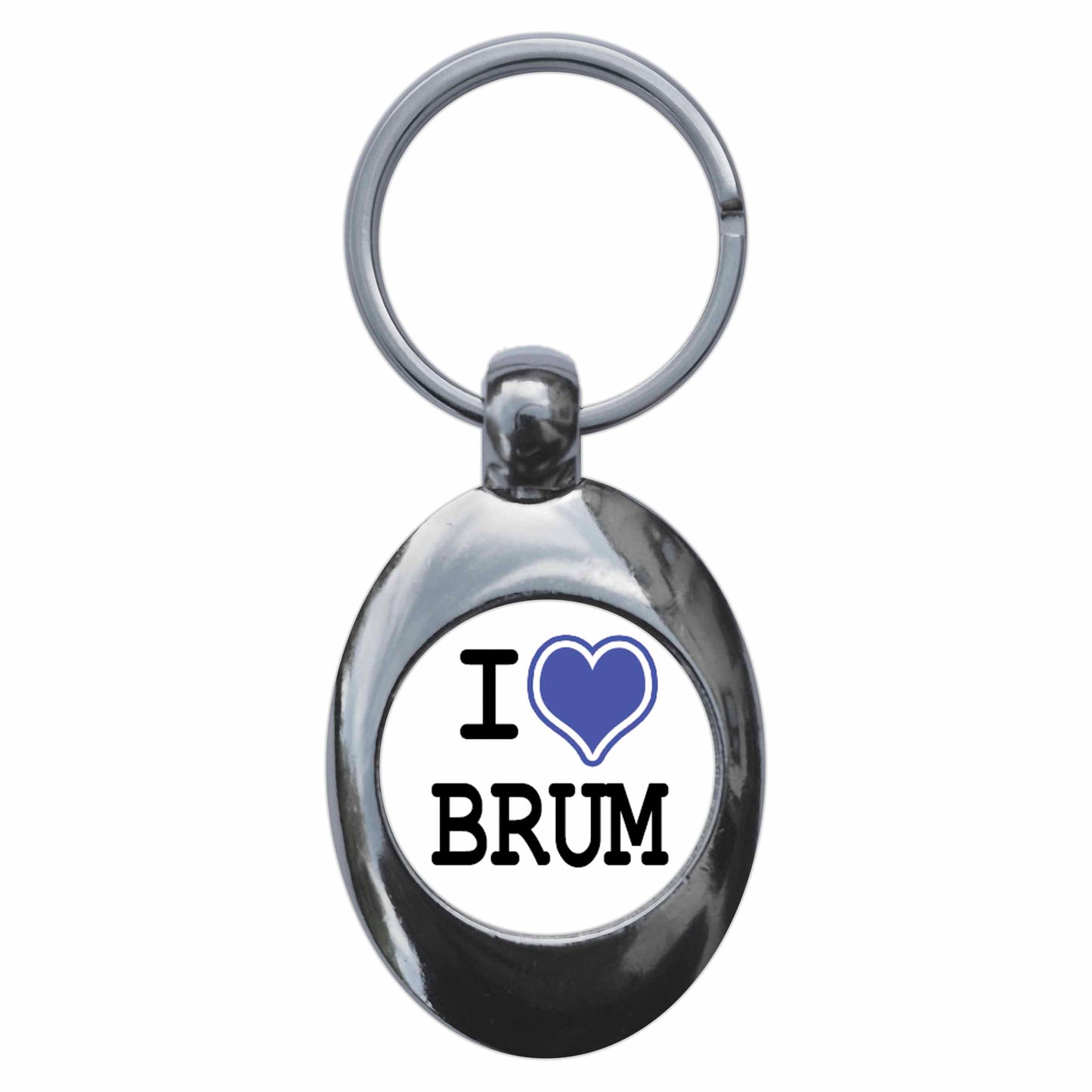 A picture of the front of the product, titled I Heart Love Brum Metal Keyring With Trolley Coin