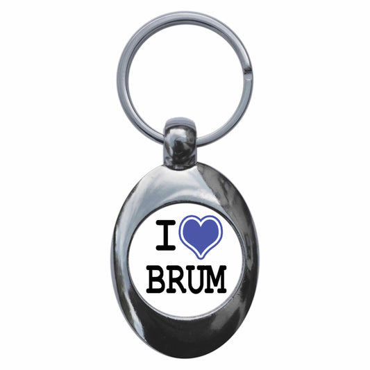 A picture of the front of the product, titled I Heart Love Brum Metal Keyring With Trolley Coin