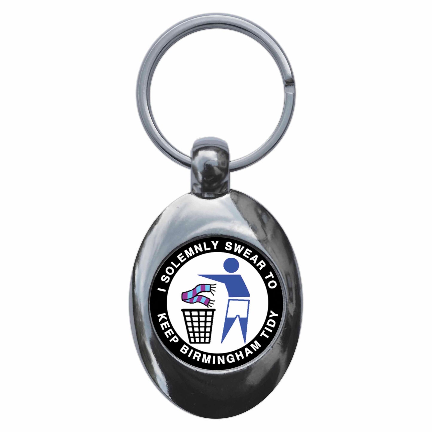 A picture of the front of the product, titled I Solemnly Swear To Keep Birmingham Tidy - C Metal Keyring With Trolley Coin