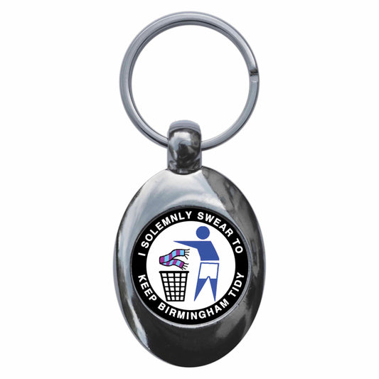 A picture of the front of the product, titled I Solemnly Swear To Keep Birmingham Tidy - C Metal Keyring With Trolley Coin