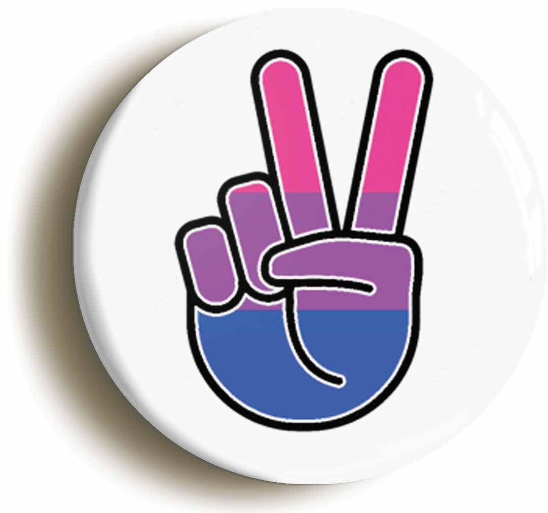 A picture of the front of the product, titled Bisexual Pride Flag Peace Sign V Button Pin Badge