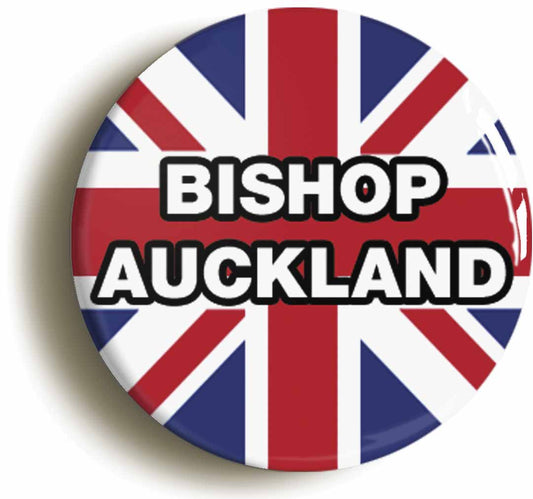 A picture of the front of the product, titled Bishop Auckland Union Jack Button Pin Badge