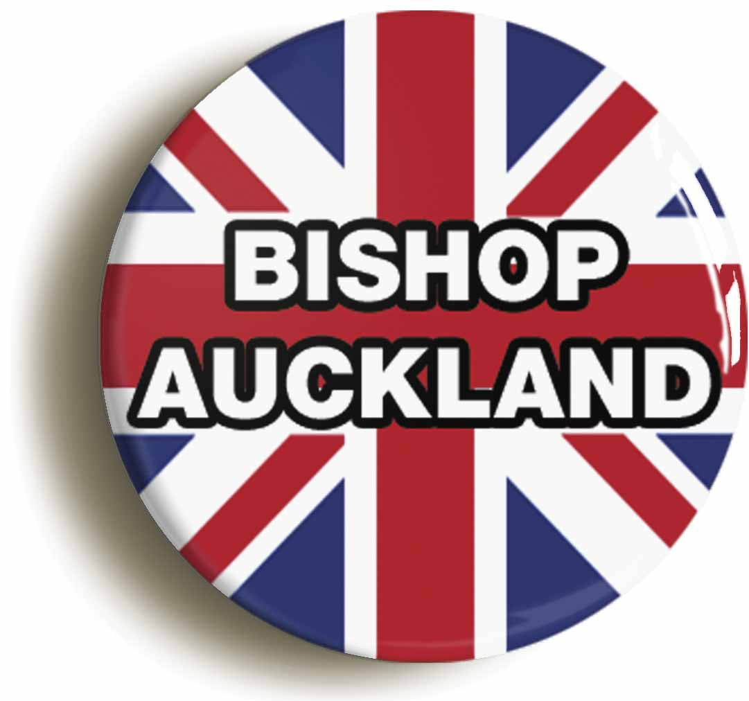 A picture of the front of the product, titled Bishop Auckland Union Jack Circular 50mm Fridge Magnet