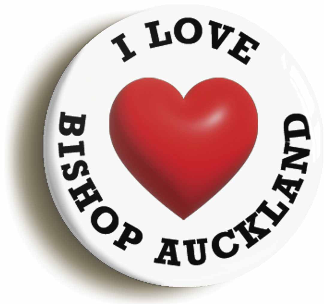 A picture of the front of the product, titled I Heart Love Bishop Auckland Location Circular 50mm Fridge Magnet