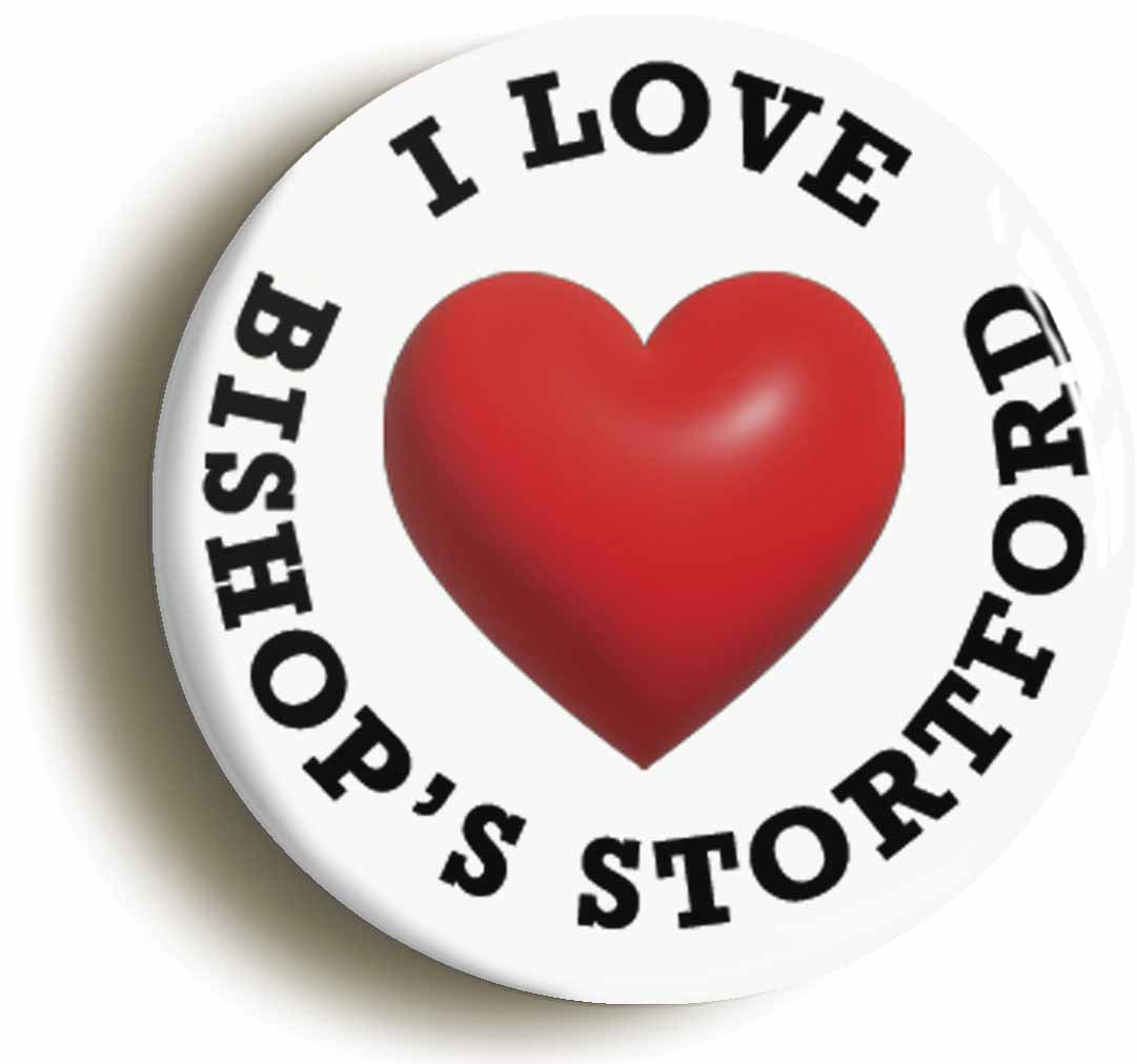 A picture of the front of the product, titled I Heart Love Bishop's Stortford Location Circular 50mm Fridge Magnet