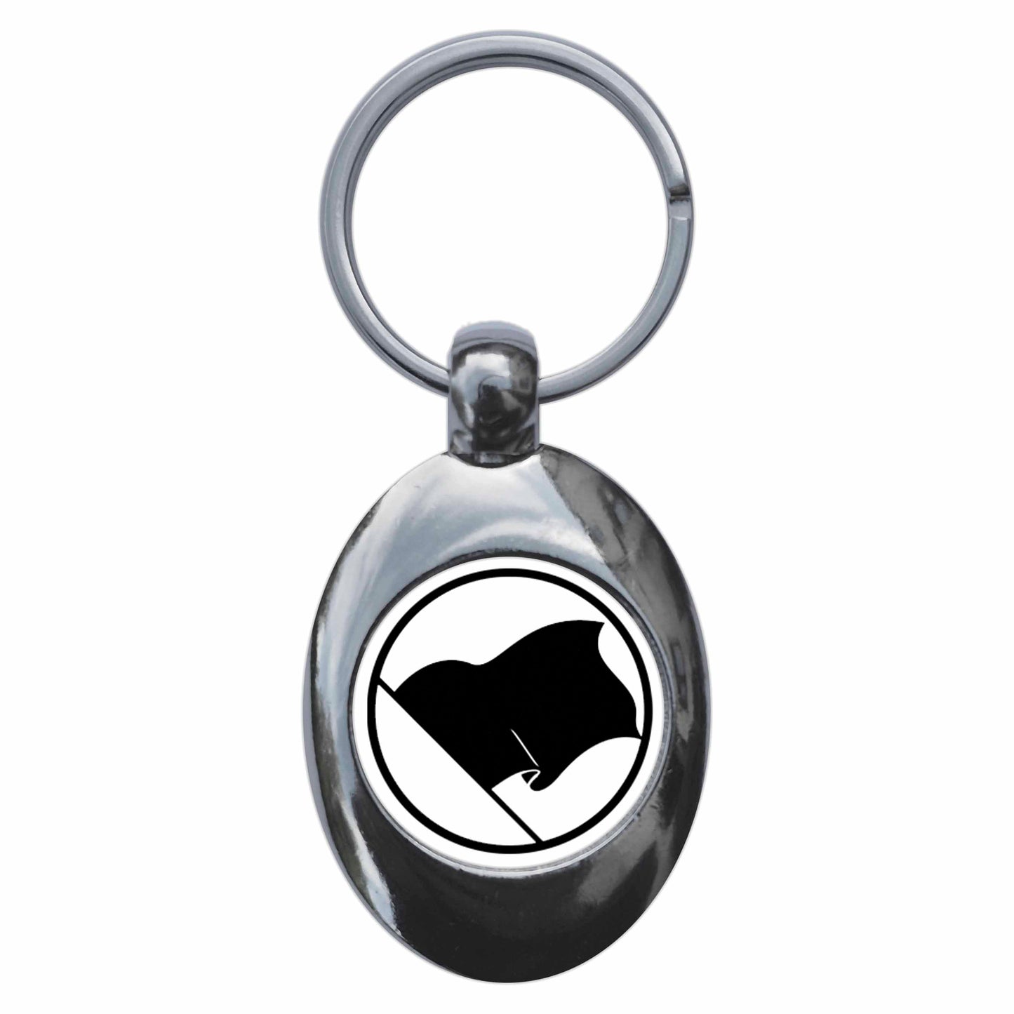 A picture of the front of the product, titled Anarchism Black Flag Metal Keyring With Trolley Coin