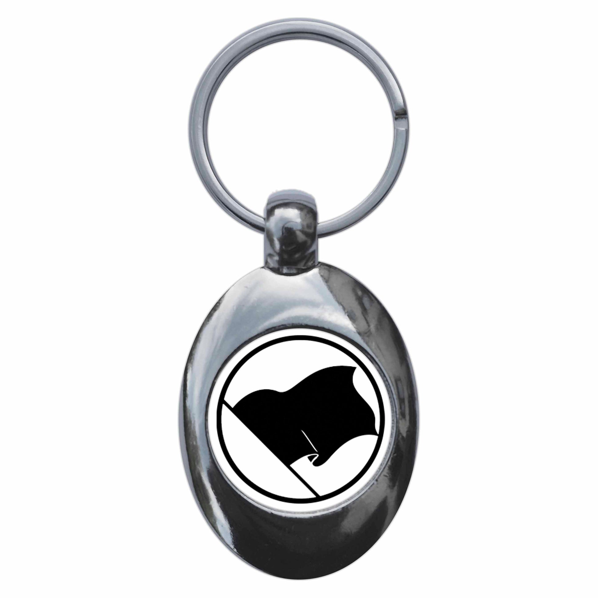A picture of the front of the product, titled Anarchism Black Flag Metal Keyring With Trolley Coin