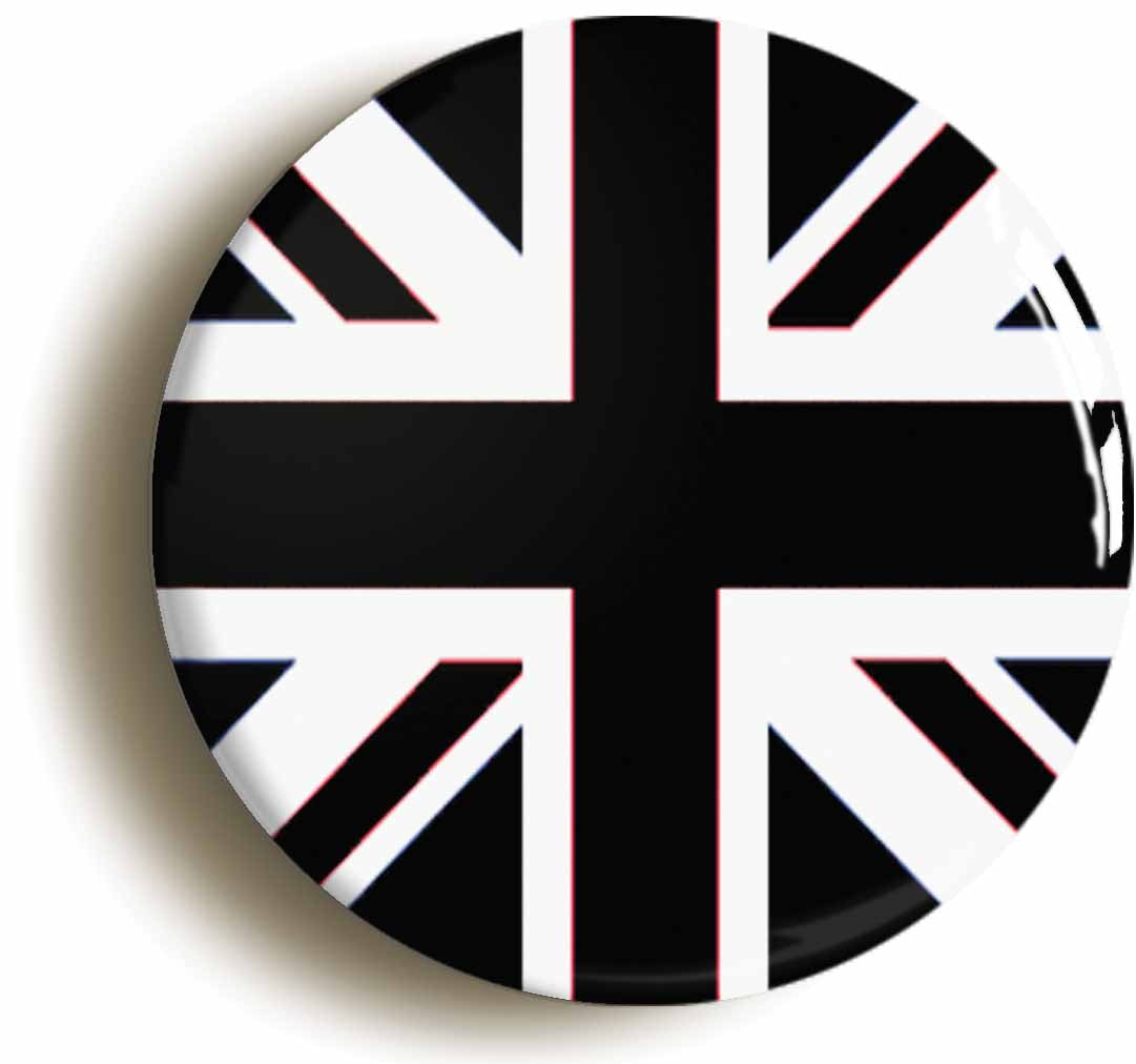 A picture of the front of the product, titled Black Union Jack British Flag Circular 50mm Fridge Magnet