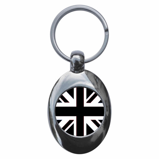 A picture of the front of the product, titled Black Union Jack British Flag Metal Keyring With Trolley Coin