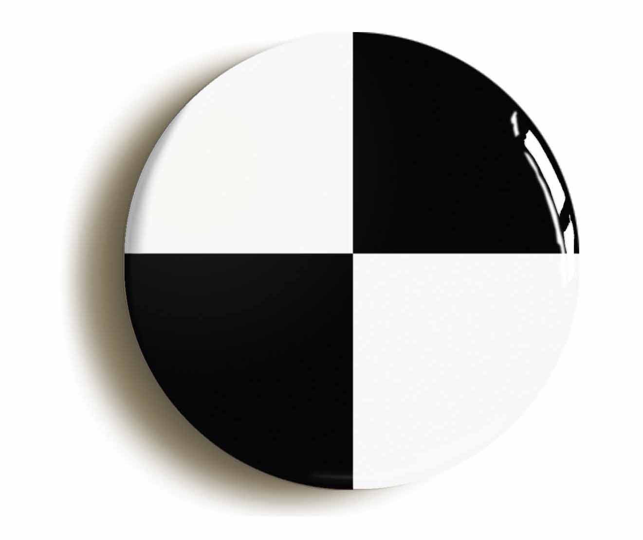A picture of the front of the product, titled Black And White Quarters Flag Button Pin Badge