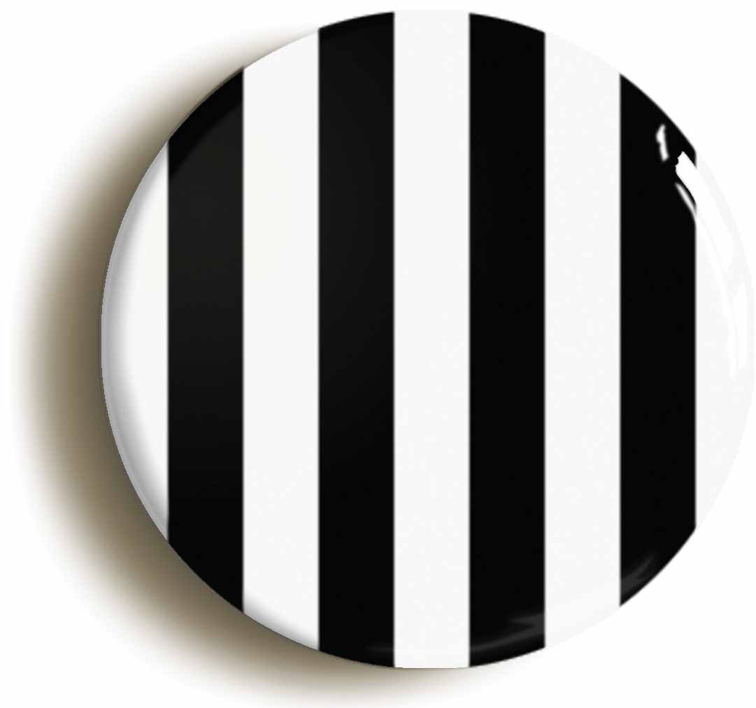 A picture of the front of the product, titled Black And White Striped Button Pin Badge