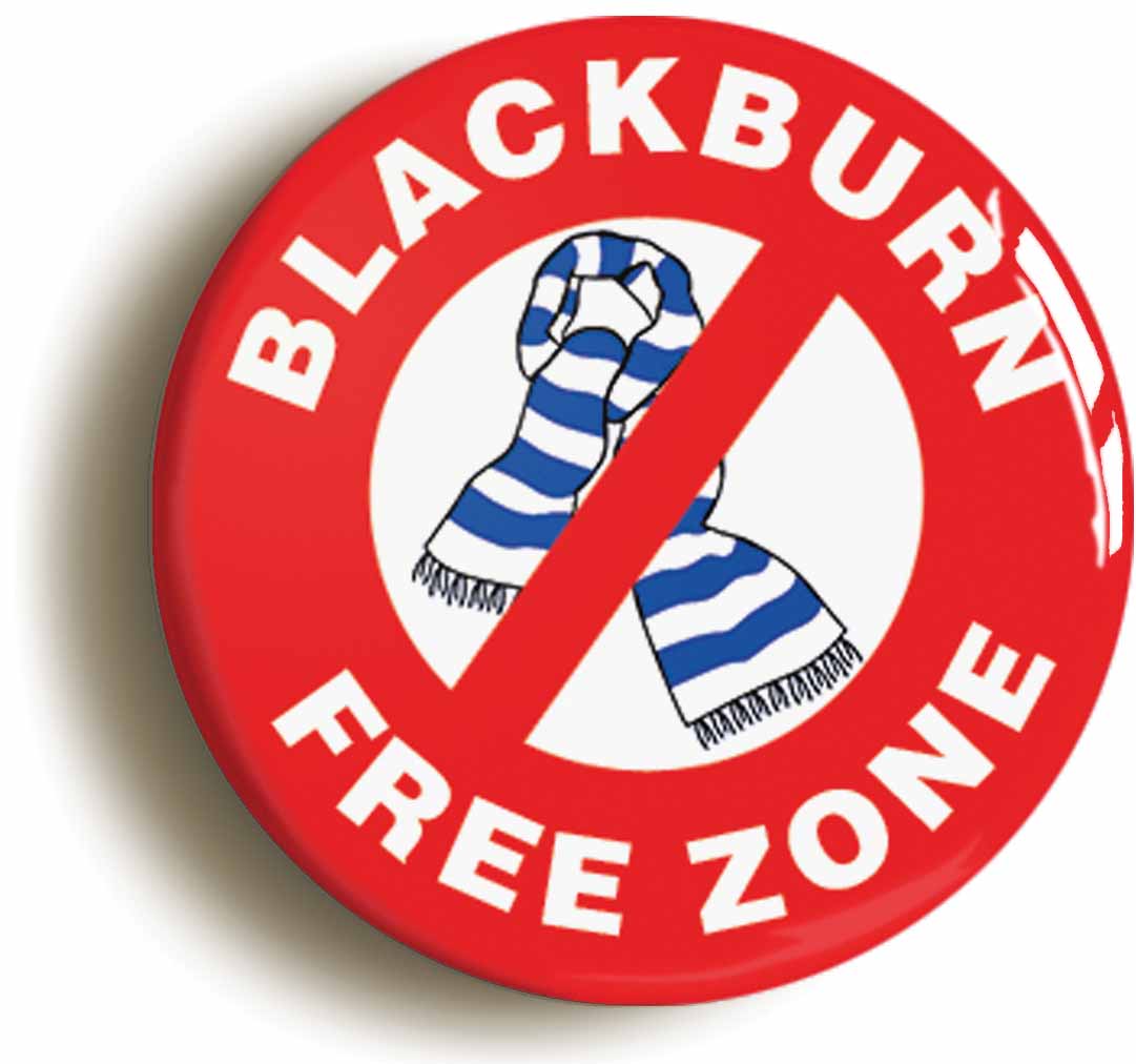 A picture of the front of the product, titled Blackburn Free Zone Funny Joke Novelty Button Pin Badge