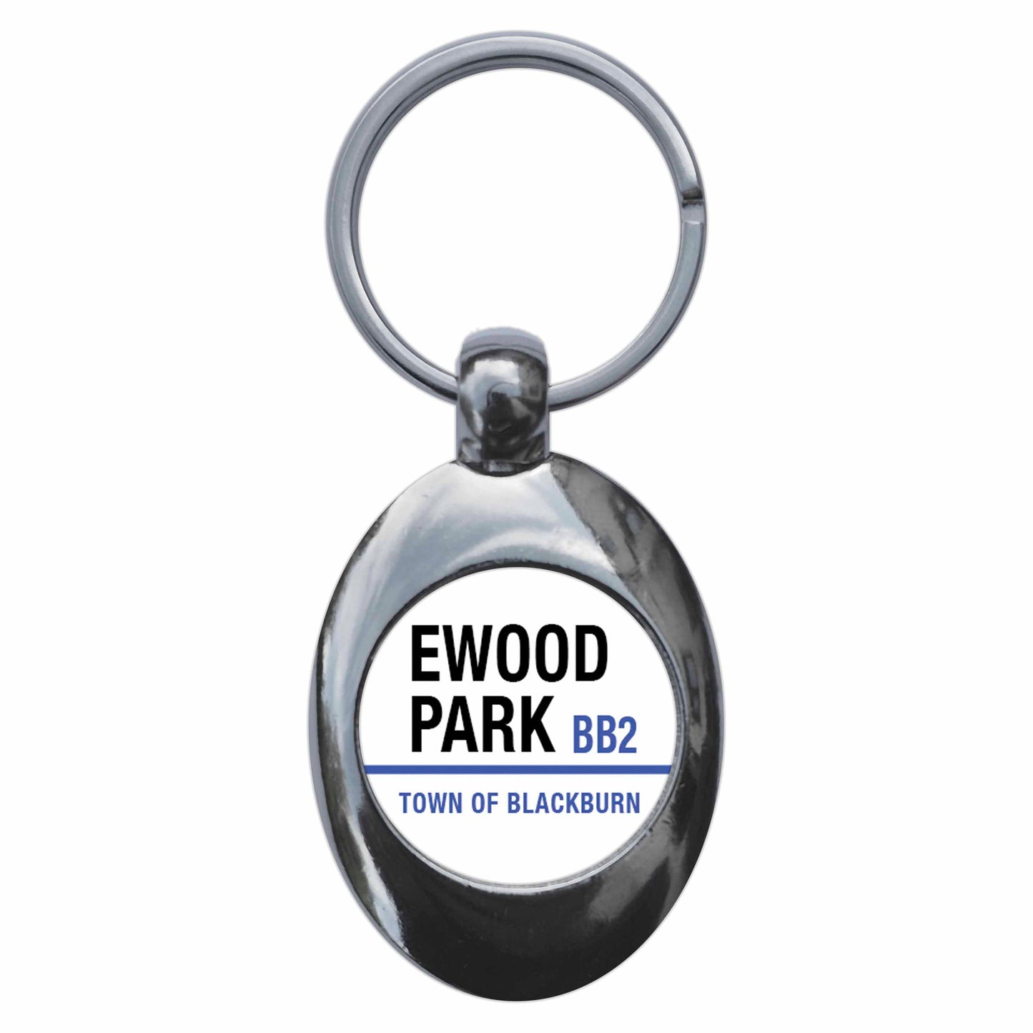 A picture of the front of the product, titled Ewood Park BB2 Blackburn Road Sign Metal Keyring With Trolley Coin