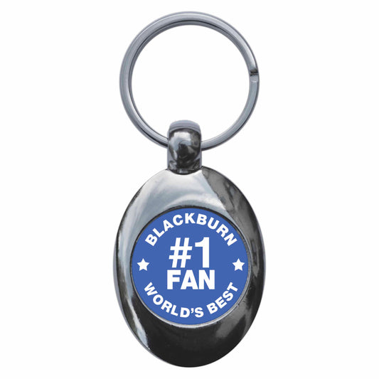 A picture of the front of the product, titled Blackburn #1 Fan Metal Keyring With Trolley Coin