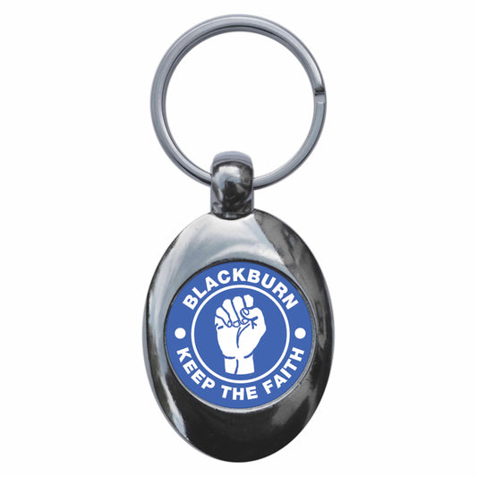 A picture of the front of the product, titled Blackburn Keep The Faith Northern Soul Metal Keyring With Trolley Coin