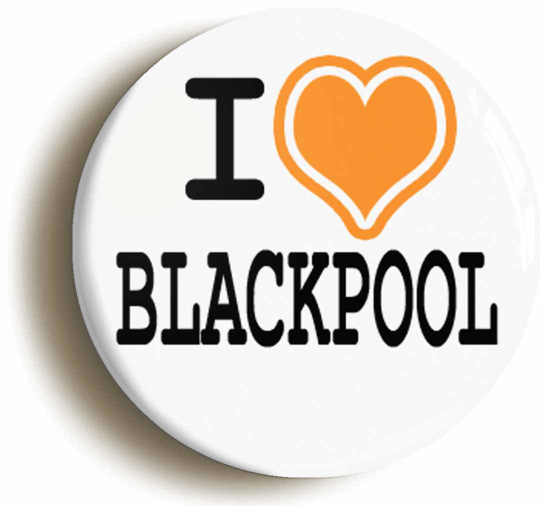 A picture of the front of the product, titled I Heart Love Blackpool Button Pin Badge