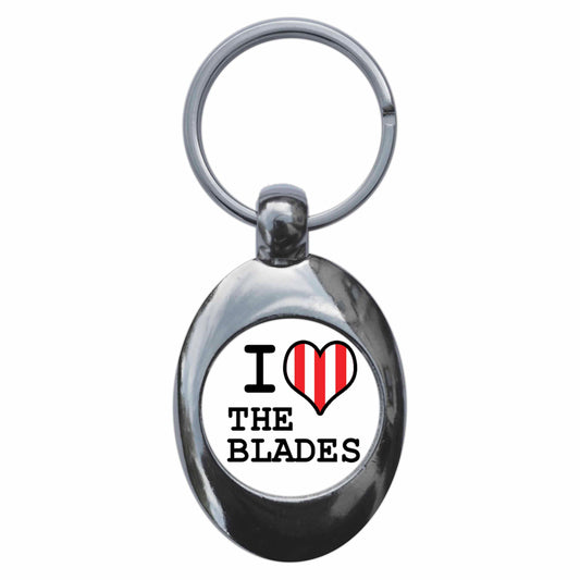 A picture of the front of the product, titled I Heart Love The Blades Metal Keyring With Trolley Coin
