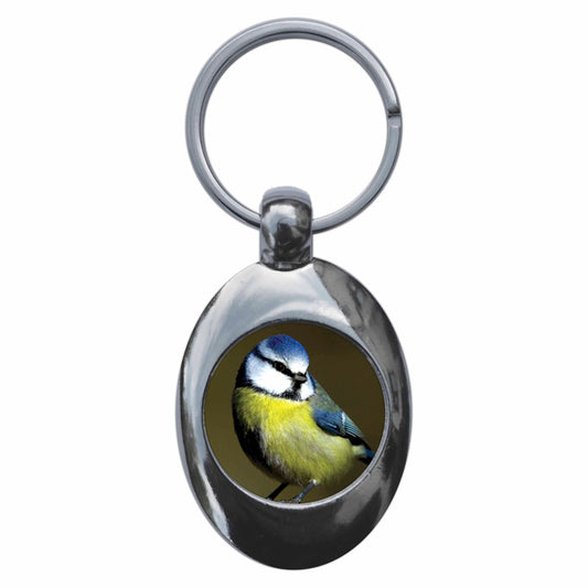 A picture of the front of the product, titled Blue Tit Metal Keyring With Trolley Coin