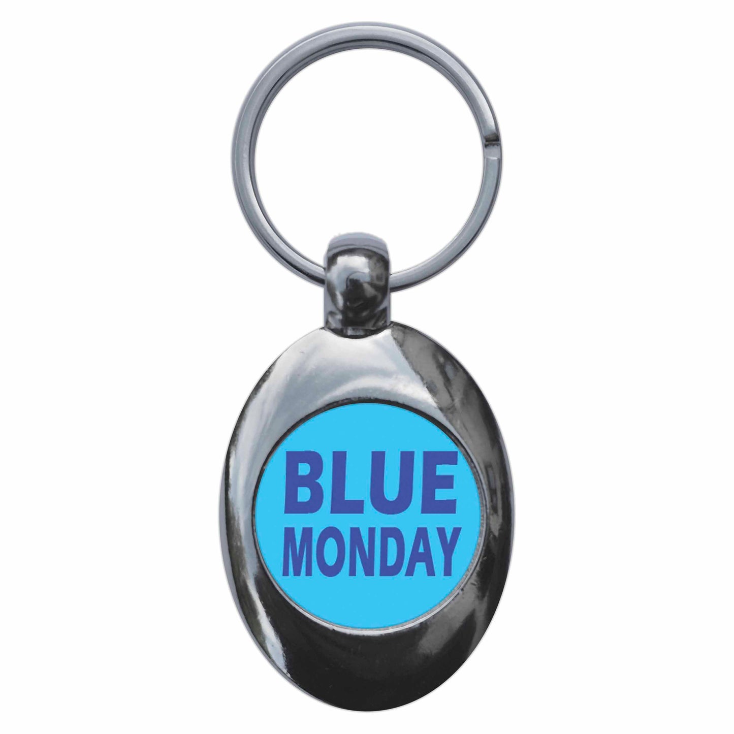 A picture of the front of the product, titled Blue Monday Metal Keyring With Trolley Coin