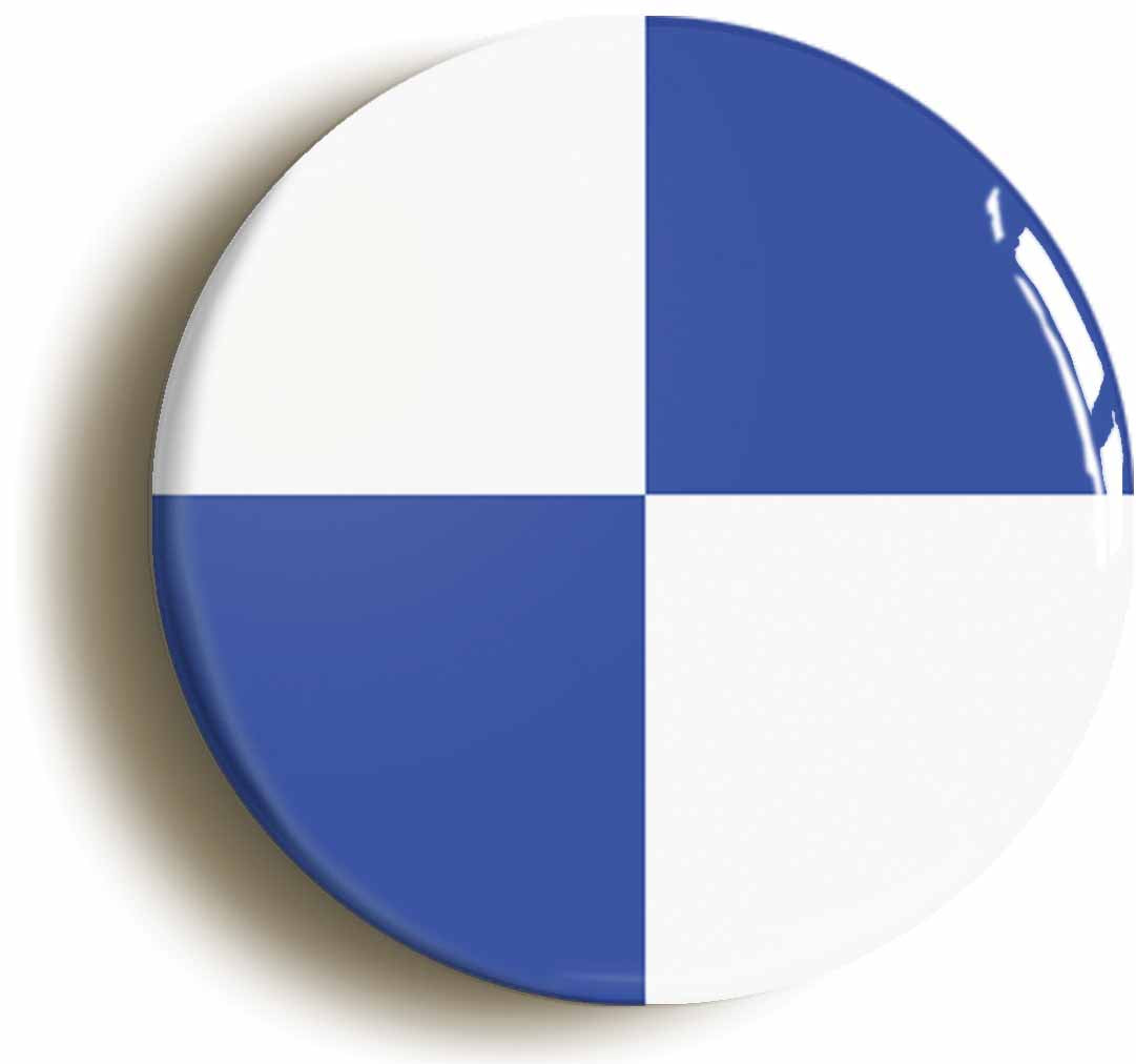 A picture of the front of the product, titled Blue And White Quarters Flag Button Pin Badge