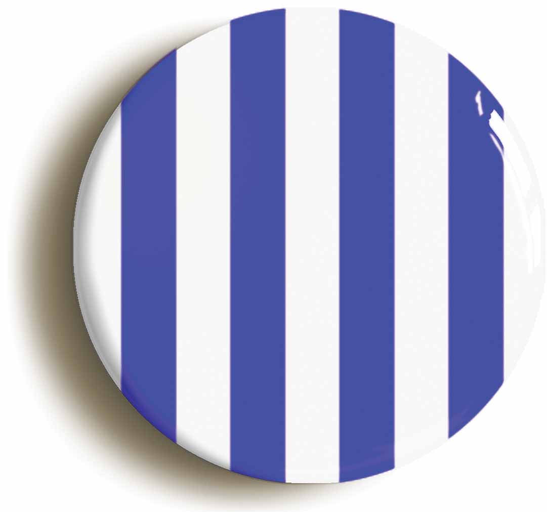 A picture of the front of the product, titled Blue And White Striped Button Pin Badge